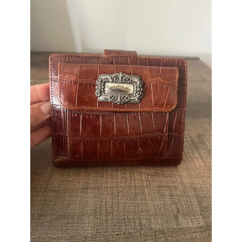 Brighton Cognac Brown Croc Embossed Leather Bifold Wallet Silver Hardware VTG